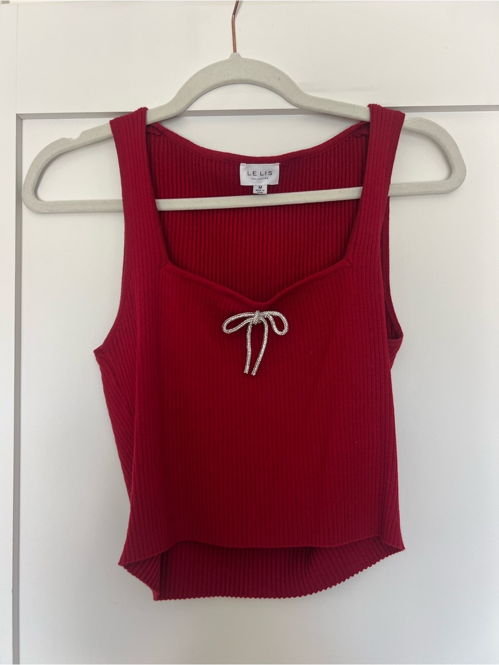 Le Lis Red Ribbed Tank Top with Decorative Bow